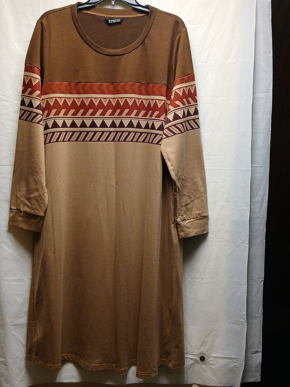BloomChic Women's Brown And Taupe Crewneck Dress with Rust Aztec Stripe